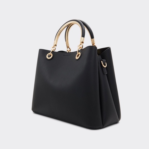 NWT Aldo Black Satchel Tote Bag with White|Black Snake Skin Bag Charm - Picture 11 of 14